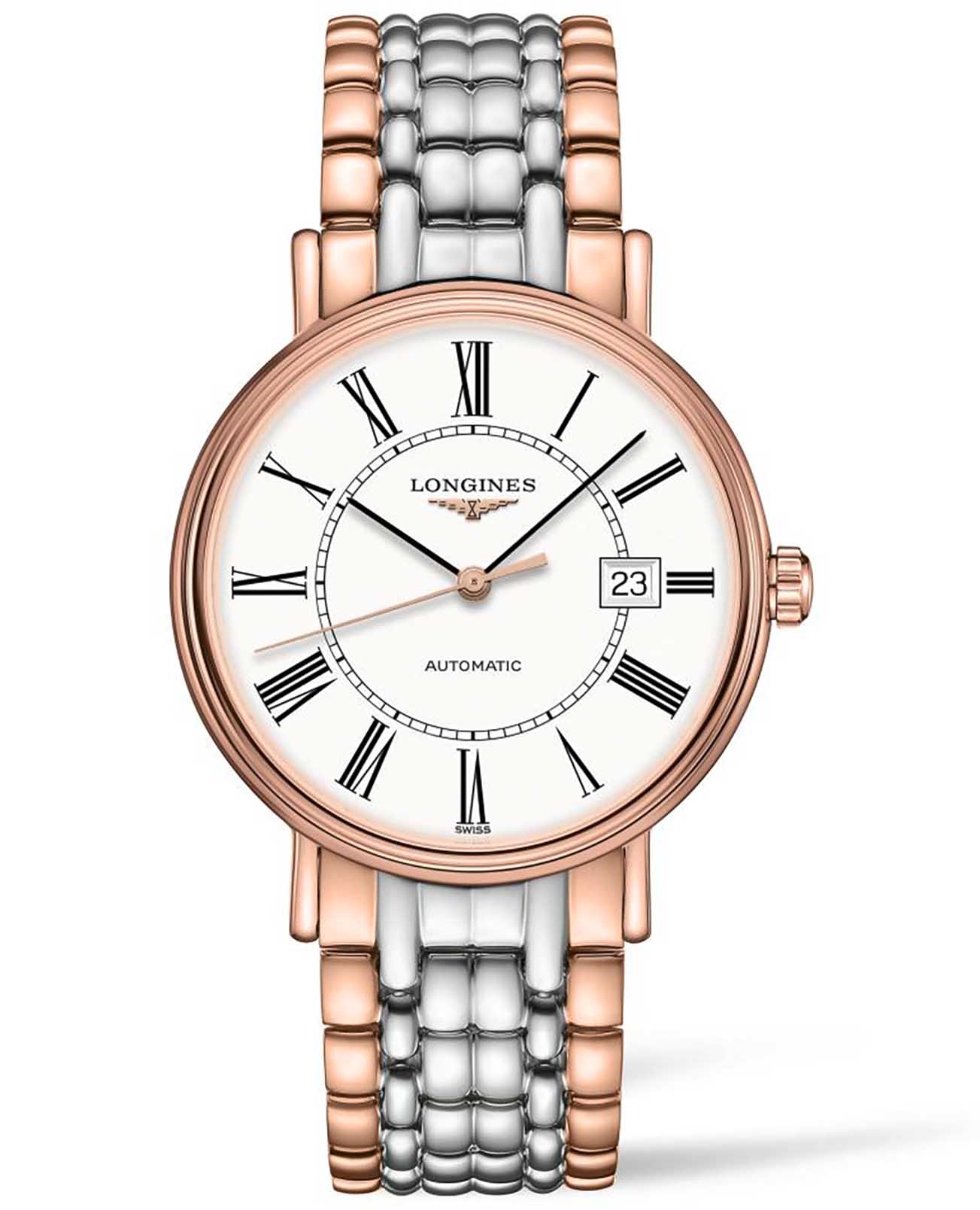 Longines Longines Presence L4.922.1.11.7  L49221117 механические мужские часы белый циферблат, браслет сталь c pvd покрытием — вид спереди